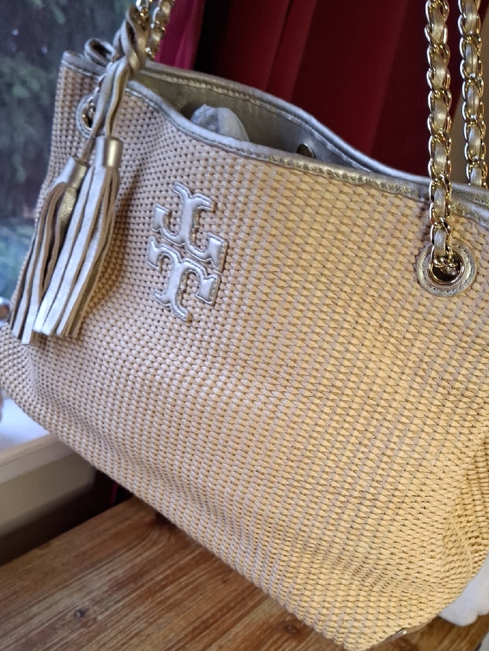 EUC Tory Burch Gold Raffia Shoulder Tote with Tassel - Picture 10 of 10